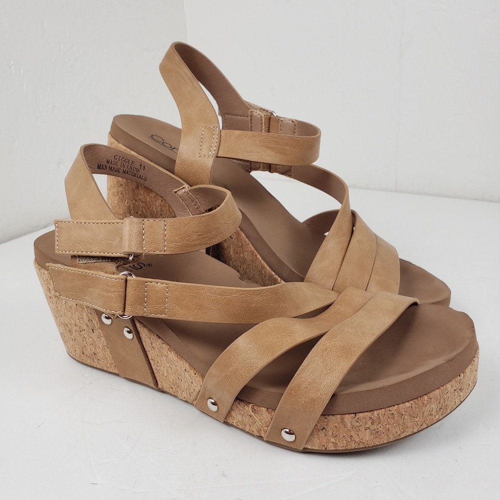 Corkys Giggle Tan Brown Multi Strap Cork Wedge Platform Sandals Womens 11